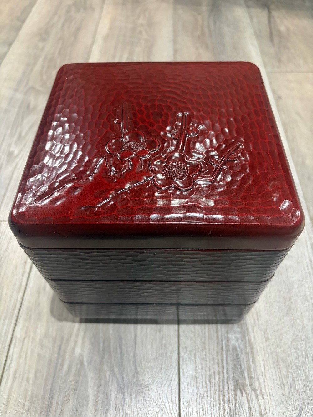 Japanese Red Lacquer 3-Tier Bento Box with Plum Blossom Design